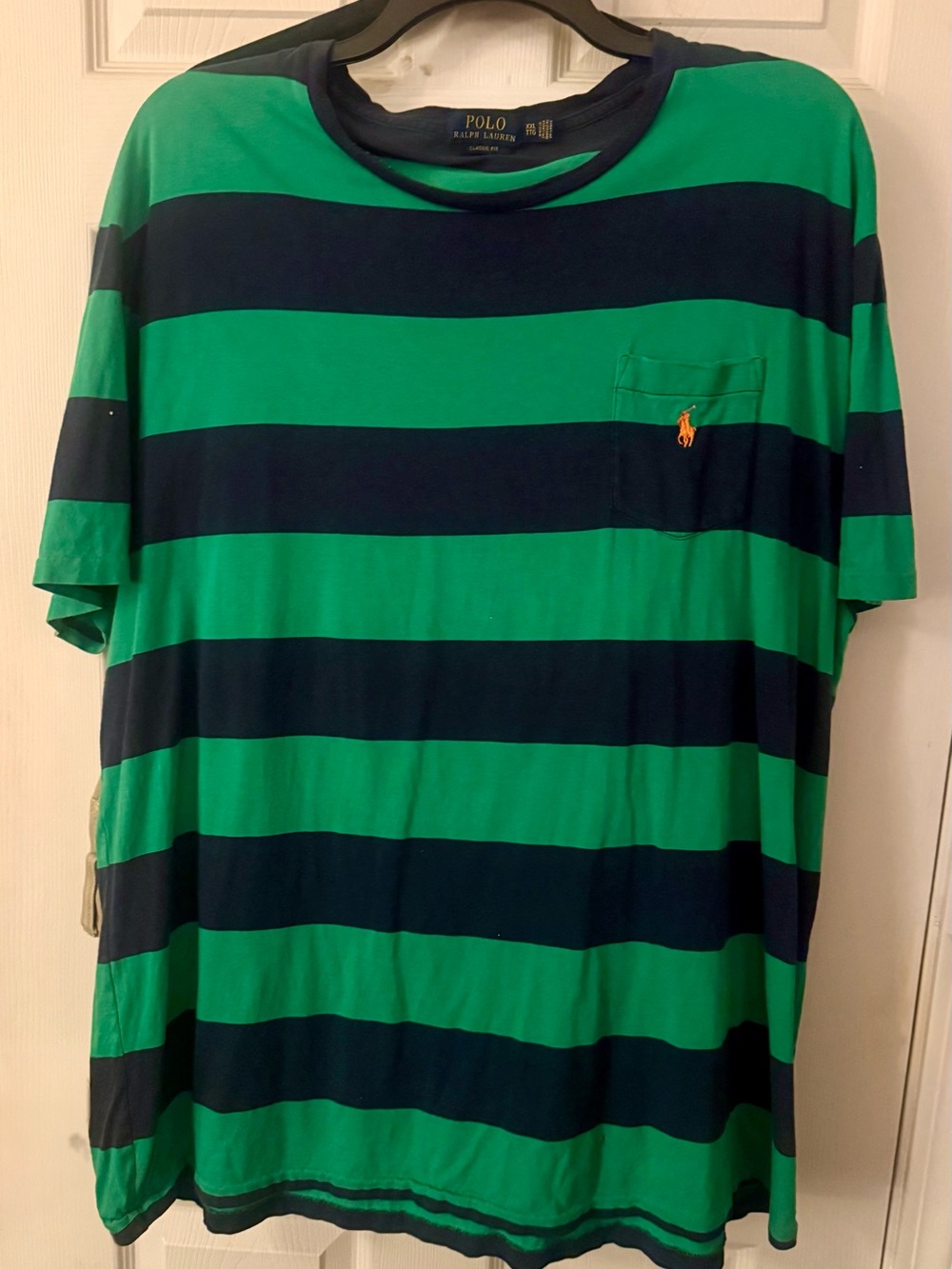 Ralph Lauren Green and Navy Horizontal Stripe Pocket Tee
